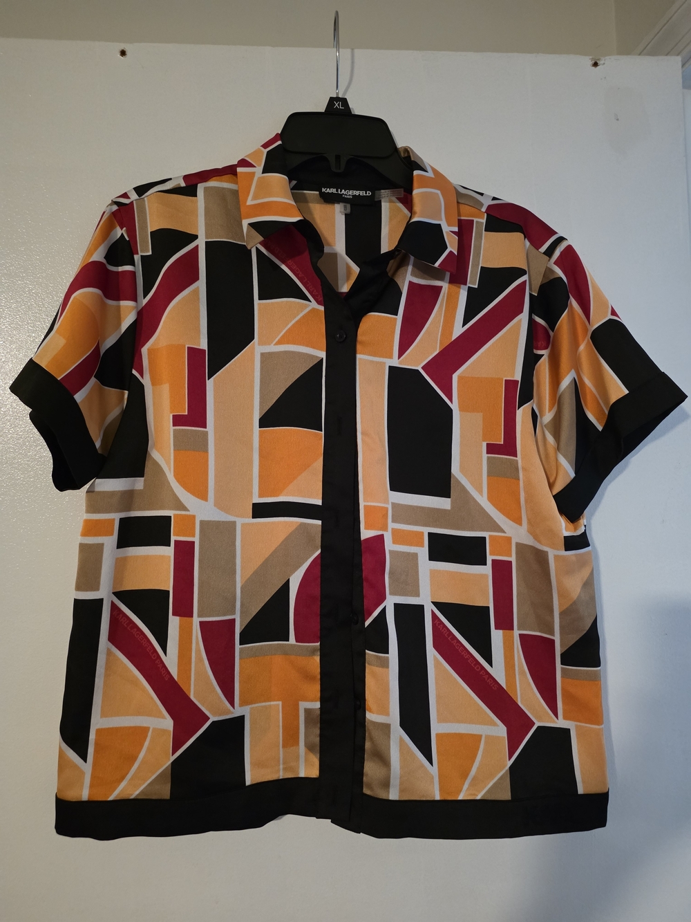 Karl Lagerfeld Men's Short-Sleeve Geometric Print Shirt - Black/Orange/Red